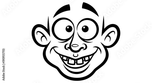 Cartoon happy face with wide smile and big eyes, black and white outline, isolated white background.