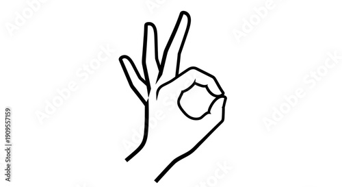 Outline of Hand Making OK Gesture with Fingers Extended on Isolated White Background