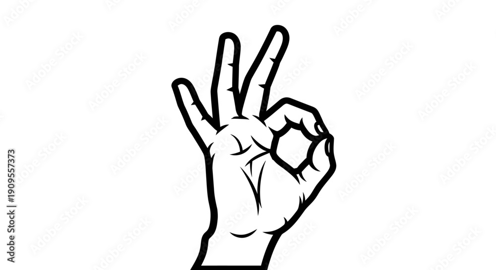 Fototapeta premium Outlined Hand Gesture Showing OK Sign with Thumb and Index Finger on Isolated White Background