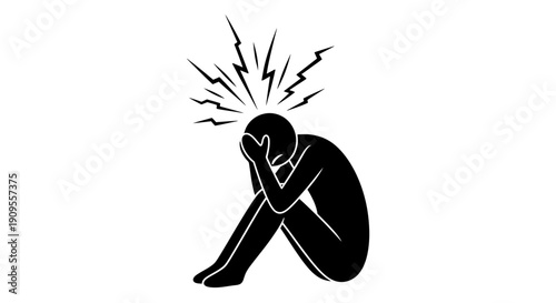 Silhouette of a Stressed Person Sitting and Holding Head with Jagged Lines Indicating Pain or Anxiety on Isolated White Background