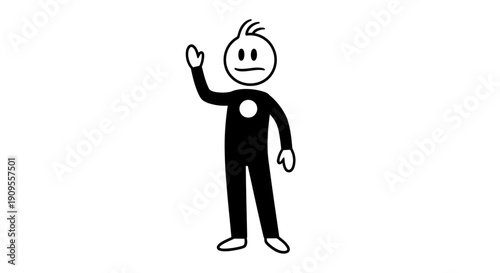 Sad Stickman Waving Hand, Unhappy Greeting Gesture, Minimalist Character Expressing Disappointment, isolated white background.