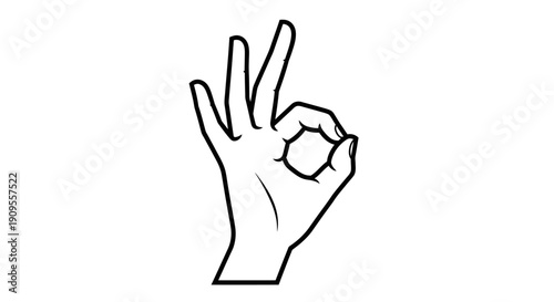 Hand Making OK Gesture Thin Line Art, Outline Drawing of Agreement Sign, Positive Communication Symbol, isolated white background.