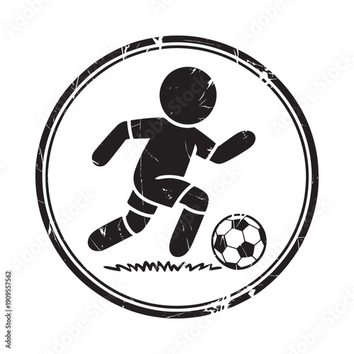 Simple black and white icon depicting a person playing soccer with a ball