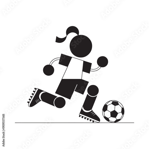 Simple black and white illustration of a girl playing soccer with a ball