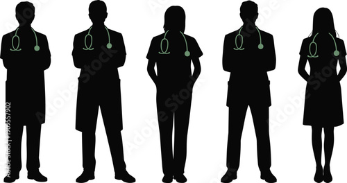 Doctor and nurse silhouettes set, medical healthcare professionals illustration isolated black vector clipart collection for hospital clinic design