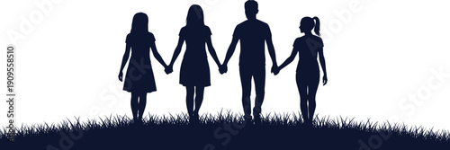 Family holding hands silhouettes walking together, parents and children unity concept, love support lifestyle illustration isolated vector
