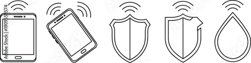 Mobile device and security shield icon set, wireless signal connectivity symbols, digital protection and data privacy line art illustrations, technology interface elements.