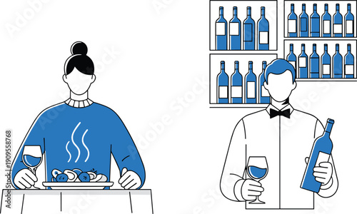 Restaurant dining and wine service illustration, customer enjoying meal, waiter presenting bottle, hospitality concept, flat vector design, food experience, lifestyle