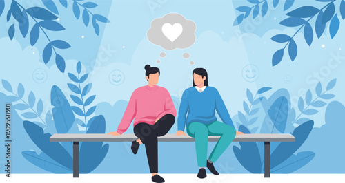 Romantic couple illustration, love connection concept, people sitting together, emotional relationship, dating moment, modern flat vector design, calm lifestyle art