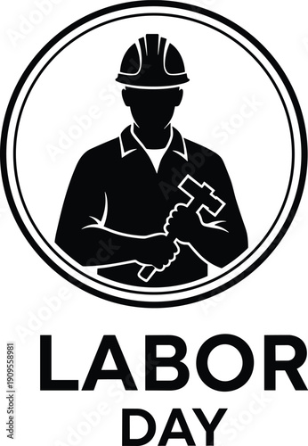 “Circular Labour Day design with worker silhouette holding wrench and hammer symbolizing industry, contribution, solidarity, empowerment, and global recognition”