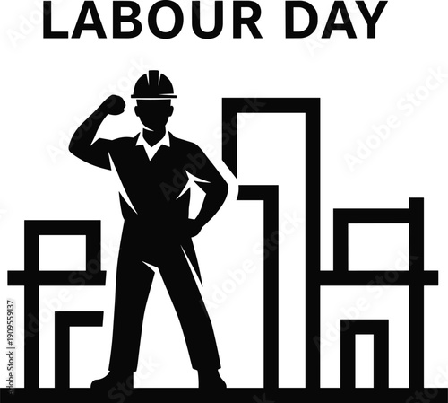 “Labour Day design with construction worker silhouette and urban building backdrop symbolizing strength, industry, solidarity, empowerment, and workers’ global recognition”