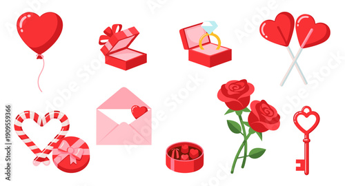 Collection of romantic symbols and gifts for Valentine's Day celebration