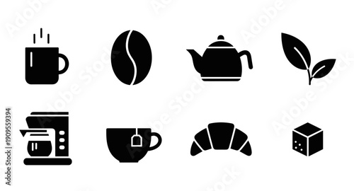 Collection of black icons representing coffee, tea, and breakfast items on a white background