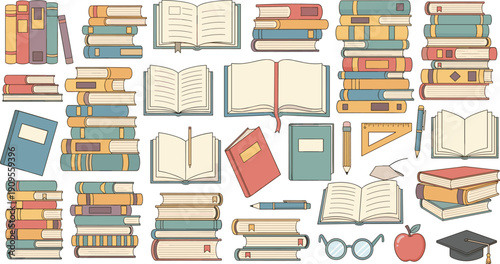 Books and education icon set with open books, stacks, notebooks, pencil, glasses and graduation cap