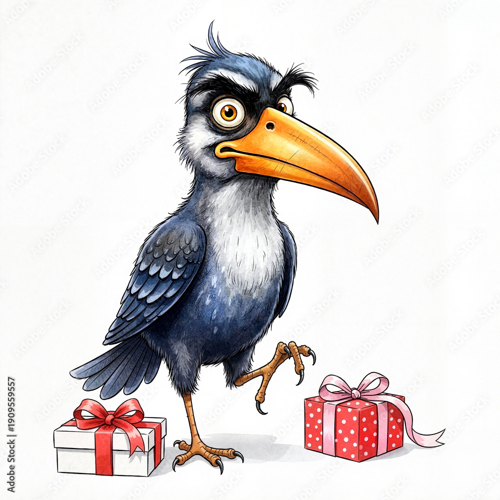 Fototapeta premium Cartoon bird with a beak carrying gifts on a white background 