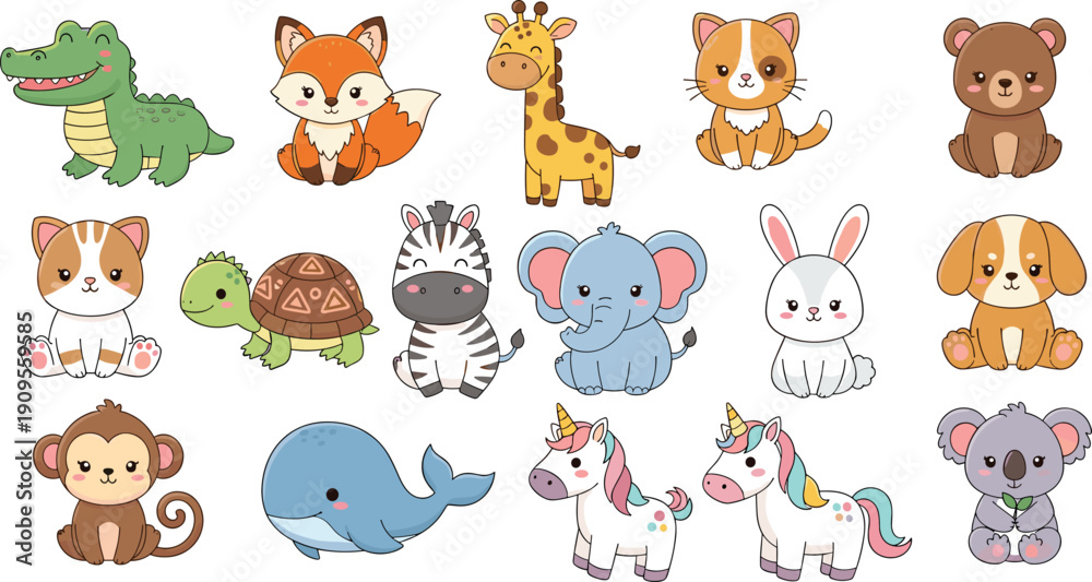 Obraz premium Cute baby animals cartoon set with crocodile, elephant, zebra, bunny, unicorn, whale and fox