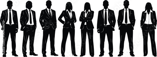Set of diverse business professional silhouettes, group of men and women in formal office suits and corporate attire isolated vector.