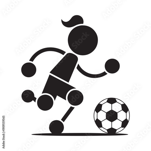 Simple black and white vector illustration of a girl playing soccer with a ball