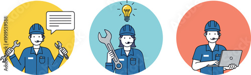 Professional technician illustration set, construction worker with tools, engineer using laptop, maintenance service concept, flat vector repair icons