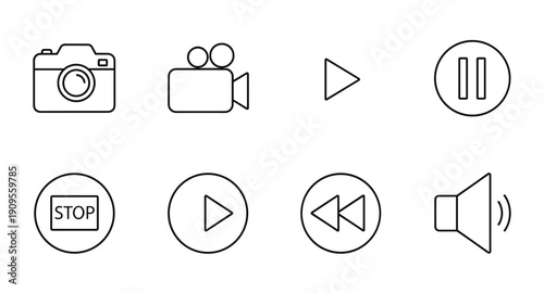 Collection of simple outline icons for media playback, recording, and audio controls