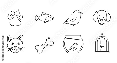 Collection of simple line art icons representing various pets and pet care items