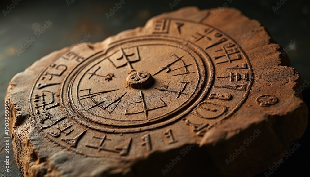 Obraz premium Ancient clay tablet displays circular cuneiform script and astrological symbols. This artifact shows early writing and star mapping. It represents history and ancient knowledge.