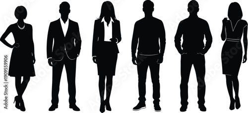 Set of diverse professional silhouettes in business casual and formal attire standing together in a row isolated on white background.