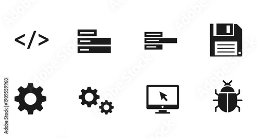 Collection of eight black technology and computer icons on a white background