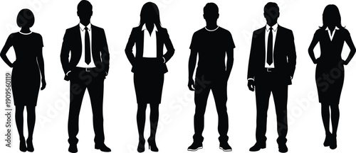 Set of diverse professional silhouettes in formal business suits and casual t-shirts standing together isolated on white background for design.