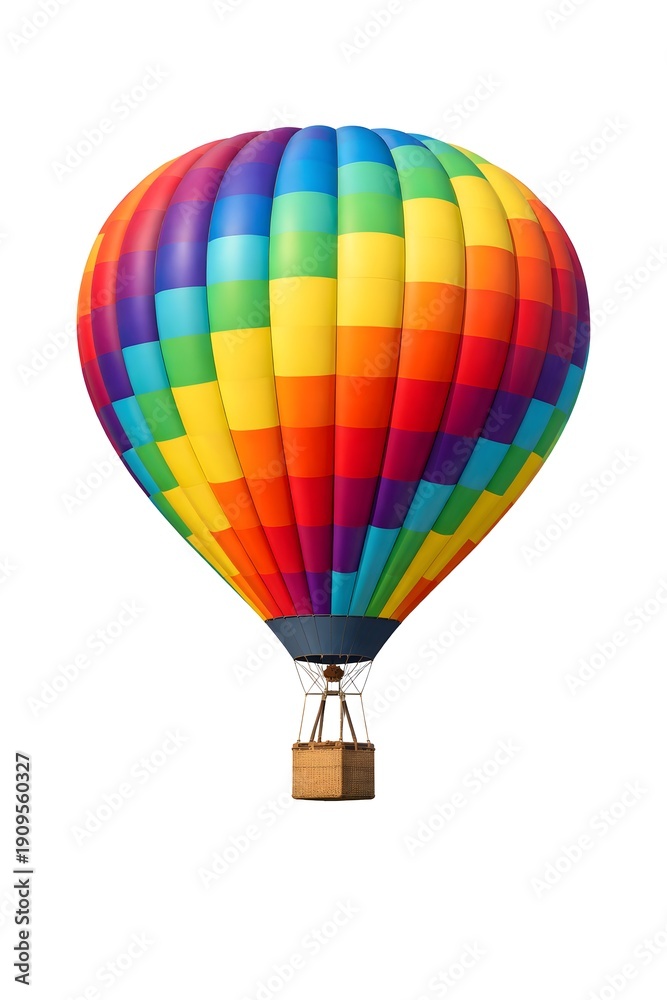 Naklejka premium A hot air balloon with bright colors floats in the sky. It has a round shape and hangs from a wicker basket. The scene shows a clear day with no clouds in sight