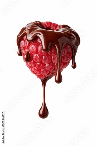 Fresh raspberry shaped like a heart covered with dripping chocolate isolated on white background