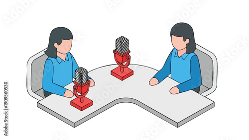 Podcast Interview. Two people talking. Recording session. Studio setup. Conversation.