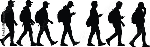 Set of male silhouettes walking with backpacks, group of men in casual winter clothing and caps moving forward isolated vector.