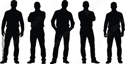 Set of five professional businessmen silhouettes wearing formal shirts and standing in different poses isolated on white background for design.