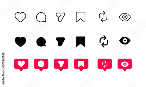 Social Media Interface Icons Set. Like, Notification, Heart, repost, Share, Save, View and Comment Symbols.

