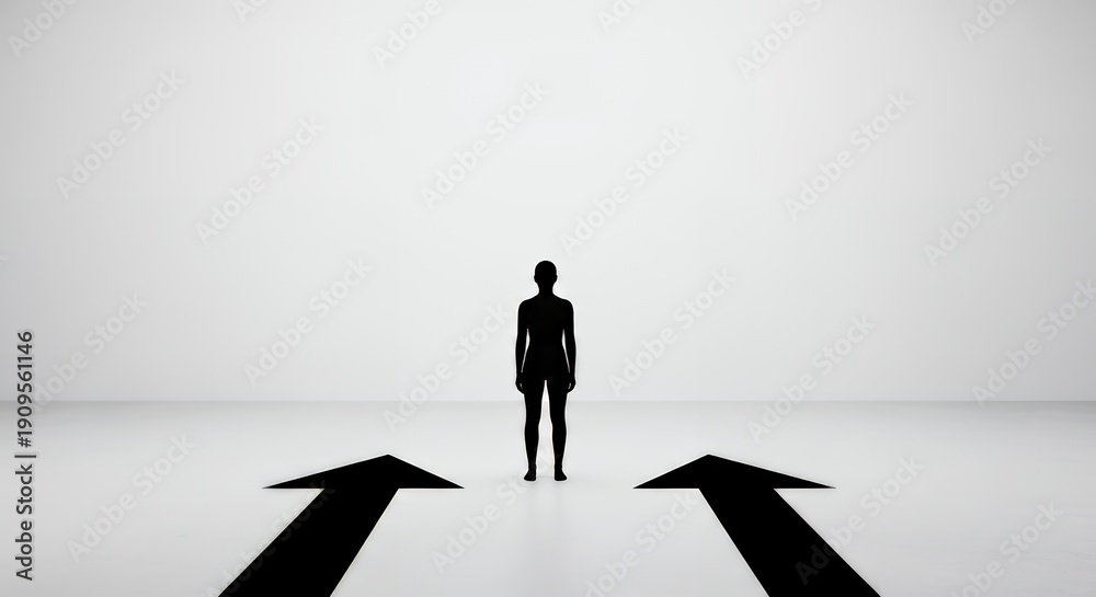 Fototapeta premium Minimalist scene of person between left and right arrows on floor