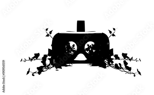 VR headset with growing ivy vines silhouette, bio-digital fusion and immersive nature technology concept, virtual reality and green tech vector icon