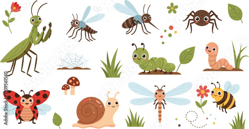 Cute garden insects illustration set with mantis, ants, ladybug, snail, bee and dragonfly