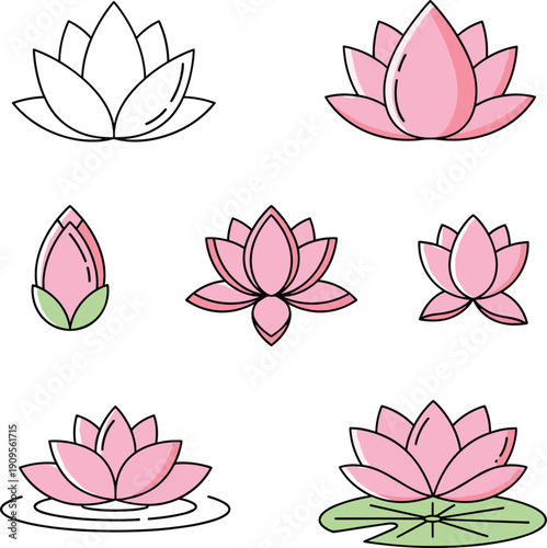 Pink lotus flower icon set with outline, lily pad and water ripple elements