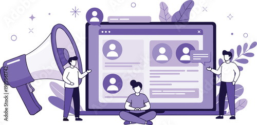 Social,media,marketing,concept,illustration,online,community,communication,teamwork,digital,platform,people,network,discussion,content,creation,megaphone,vector,design,modern