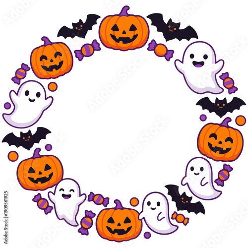 カボチャやおばけ、コウモリたちが「ふんわり」と輪になった、ハロウィン用の円形フレームです。ポップで「なめらか」な質感が、イベントの「喜び」や「幸福」を演出します。中央の余白は告知やメッセージに最適です。