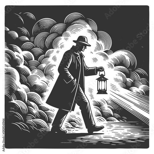 trench-coated man walking through dense fog, holding a lantern that casts both black and white light sketch engraving generative ai vector illustration. Scratch board imitation. Black and white image.