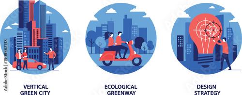 Smart sustainable city illustration, vertical green architecture, ecological transport greenway, urban design strategy, eco friendly future, modern flat vector graphics