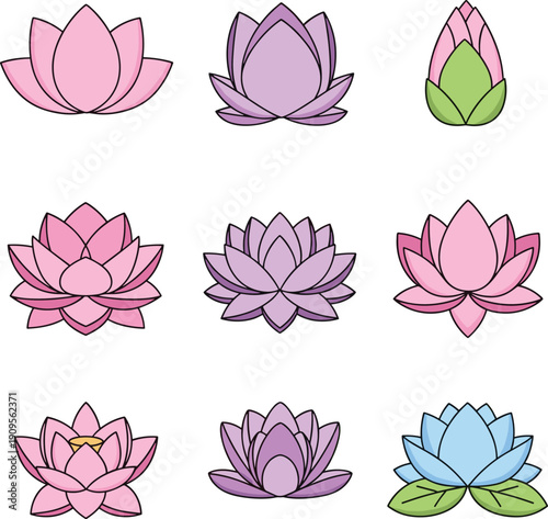 Lotus flower icon set with pink, purple and blue blossoms in flat vector style