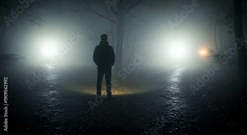 A person stands in thick fog facing two faintly illuminated paths The destination of each path is unclear The scene conveys uncertainty and unknown outcomes Atmospheric and symbolic