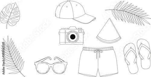 Line Art Vector of Tropical Summer Vacation Vector Set with Beach Apparel, Swimwear, Camera, Sunglasses, and Monstera Palm Leaves
