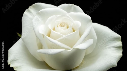 Elegant white rose blooming slowly against a solid black background