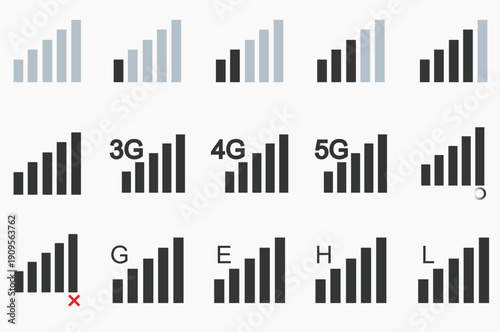 Collection of mobile network signal strength indicators: 5G, 4G, 3G, E, G, H, L, and a 'no service' symbol on white background, vector icons representing connectivity.
