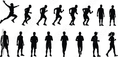 Running and standing people silhouettes set, male female joggers collection, fitness lifestyle poses isolated black vector illustration bundle