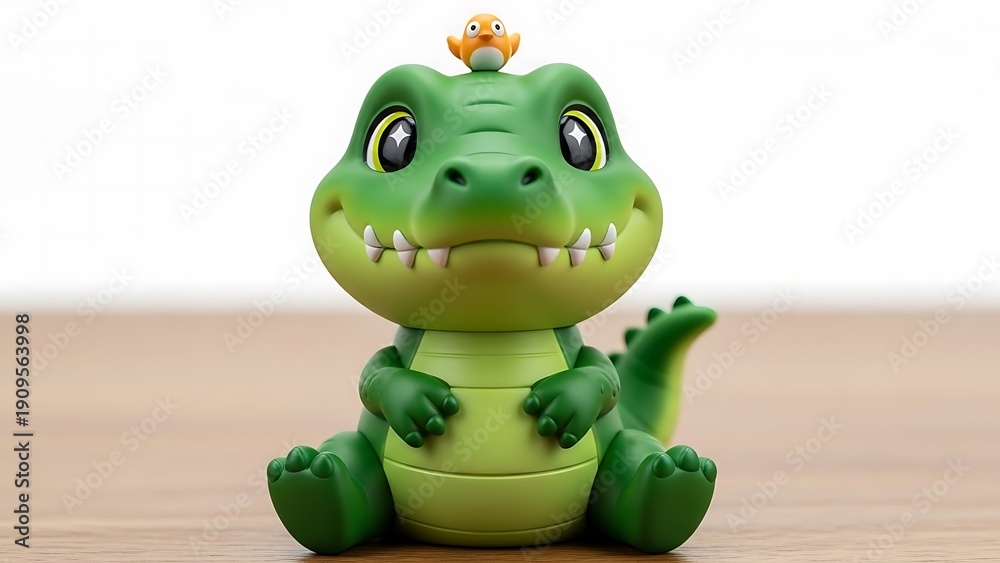 Fototapeta premium Green toy dinosaur with crown on head.